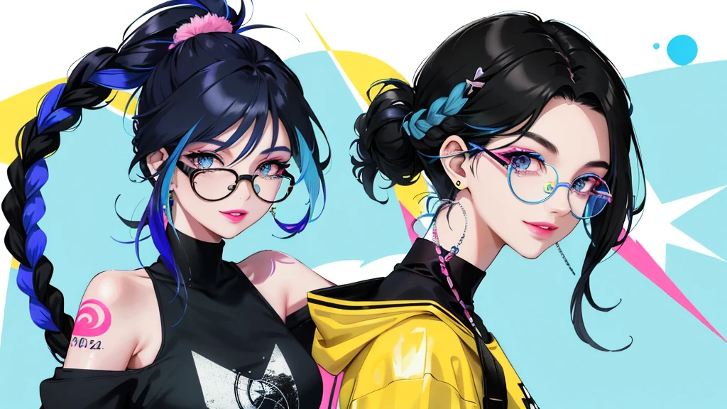 Woman (30 years: 1.0) with a tattoo on his arm and in a black top, Black hair with blue streaks, braided into a tail. blue streaks on bangs, Modern style, Fan art of a city girl, blows pink bubblegum, Yellow, (round glasses with colored lenses: 1.0), Bright lipstick, Snide look, joyful smile