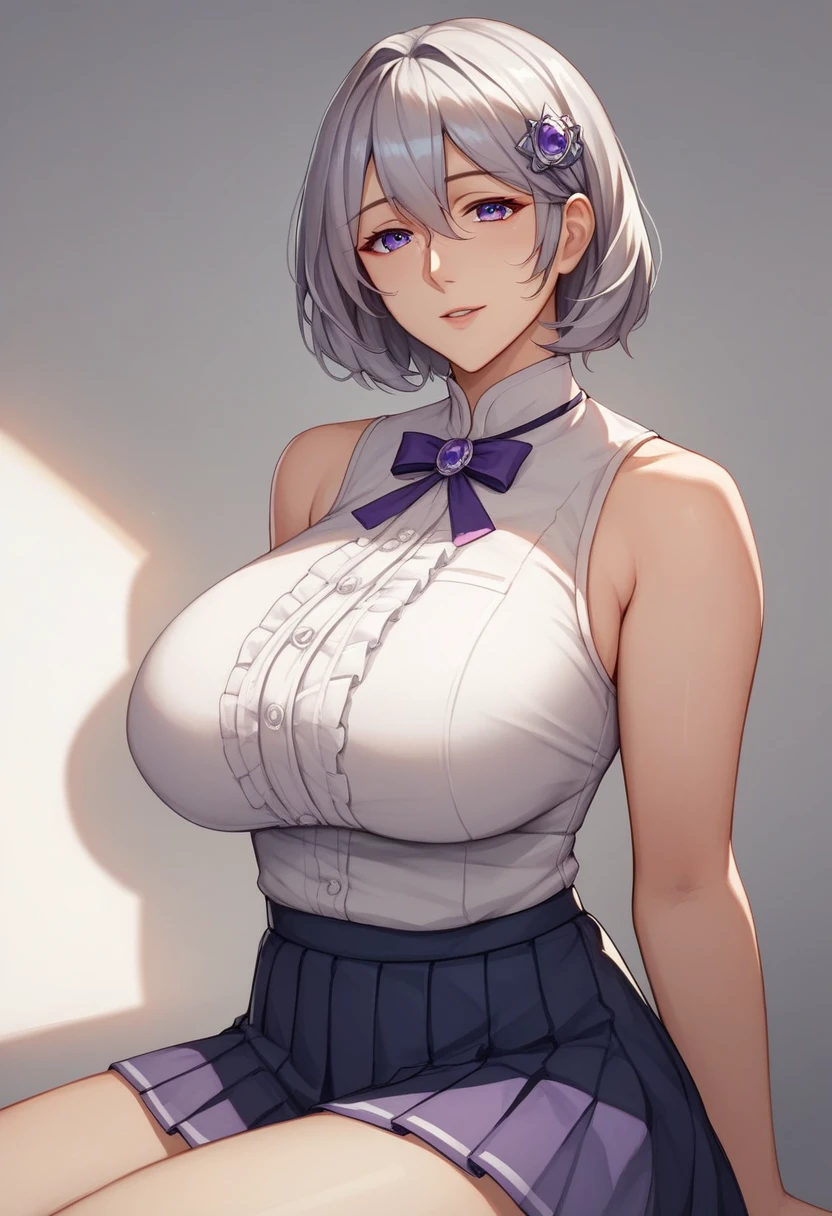 (masterpiece, best quality:1.2)((silver white hair))((violet eyes)),solo,1girl,((eyes tilted outwards)), foxgirl, mature_female, milf,averting_eyes,hair_between_eyes,basic_blue_hairpin,short_hair, bob_hair, violet_miko_clothing, sleeveless_shirt, puffy_sleeves, pleated_skirt