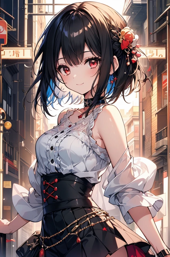 (masterpiece, highest quality, highest quality, (No text), Beautiful and aesthetic:1.2),No text,アニメ、BREAK,One Girl，Black Hair Girl　short hair　older sister　choker　Beautiful eyes　Red eyes　cool　smile　Red and Black　one piece　mini skirt　whole body　In town