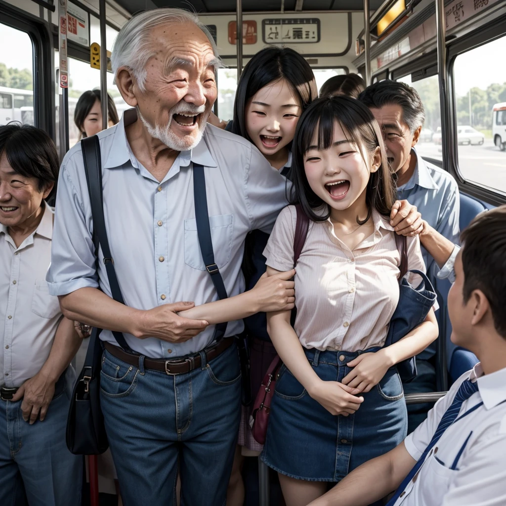 Beautiful japanese girl is standing in a bus, surrounded by several old men, an old man standing behind the girl is seen squeezing the front of the girl's shirt while laughing, the girl is seen screaming because she feels ticklish.