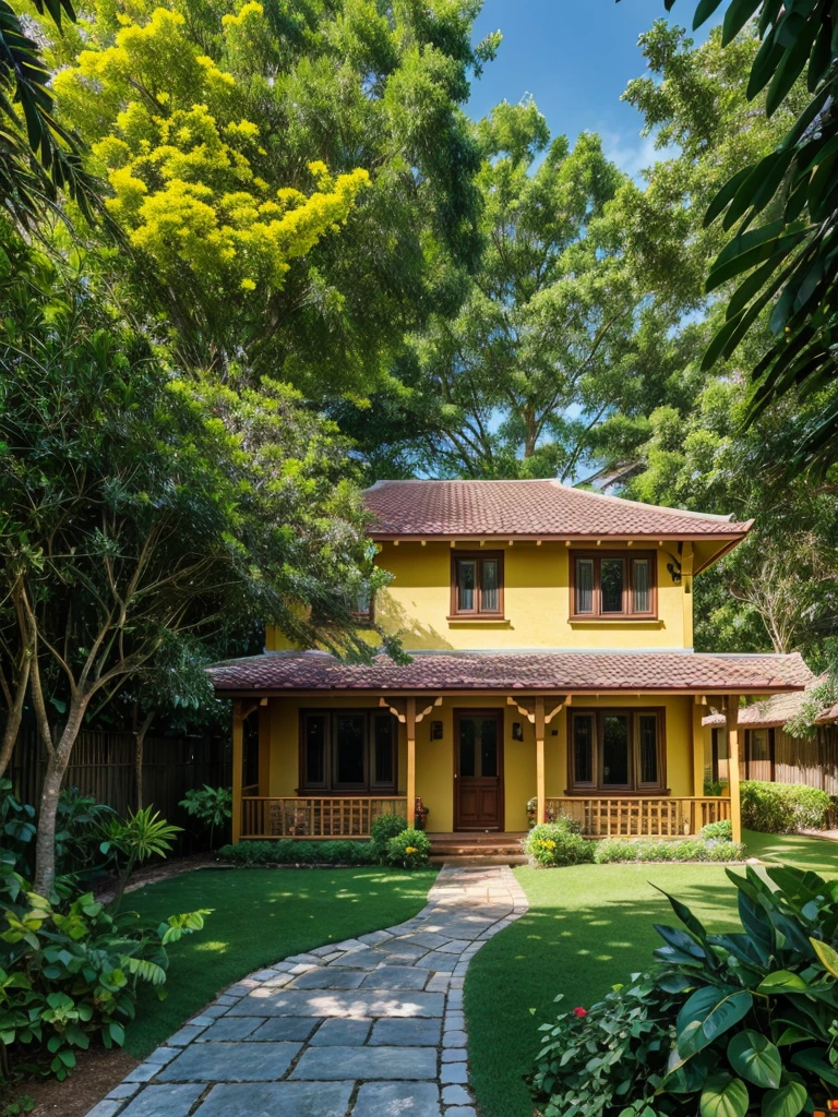 front view, a beautiful cottage, red car parked outside, moon, yellow Bougainville flowers, lush green tree branches, dim light of lit windows, stone path, green long grass, dark blue sky, stars, plant pots with tropical plants, light shine on part of foliage, beautiful bluish sky, micro landscape, day time, shade, intrinsic details 8K HD