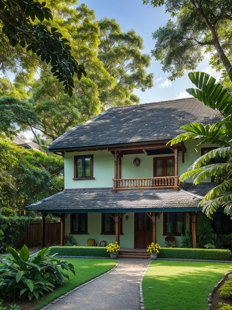 front view, a beautiful cottage, red car parked outside, moon, yellow Bougainville flowers, lush green tree branches, dim light of lit windows, stone path, green long grass, dark blue sky, stars, plant pots with tropical plants, light shine on part of foliage, beautiful bluish sky, micro landscape, day time, shade, intrinsic details 8K HD