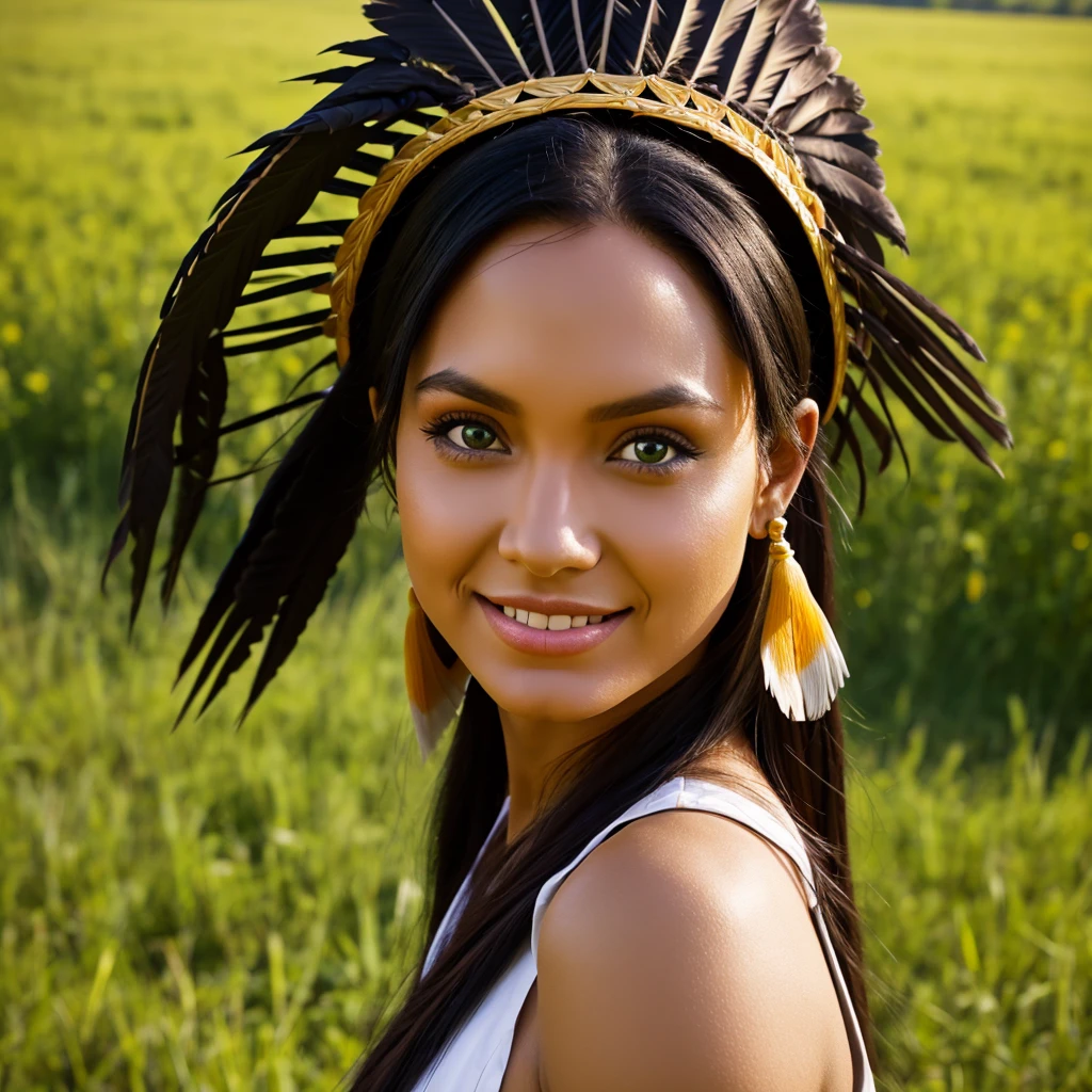A photo of the face of a Native American woman, with green eyes, black hair, and a highly detailed Cherokee headdress adorning her head. She smiles towards the camera. She wears traditional and abbreviated indigenous clothing, showcasing her slender body. She is walking through a grassy plain with flowers. The photo captures the natural beauty and cultural richness of the Native American woman. The cinematic lighting highlights the intricate details of her headdress and brings out the depth of her green eyes, creating a captivating effect. The Unreal Engine ensures a photorealistic quality, making the image feel like a moment frozen in time. Her black hair contrasts beautifully with the vibrant colors of the headdress, adding to her striking appearance. Her traditional clothing reflects her cultural heritage and complements the natural setting of the grassy plain. The woman's smile exudes warmth and positivity, creating a connection with the viewer. Her slender body and traditional attire showcase her cultural identity and resilience. The natural setting of the grassy plain with flowers provides a picturesque backdrop, adding to the authenticity of the scene. The camera chosen for this photo captures the intricate details of her expression and attire. The result is a visually engaging image that celebrates the woman's heritage and individuality, capturing her captivating appearance and cultural significance in a single frame. The combination of her unique features, traditional attire, and the natural surroundings make the photo exude a sense of cultural pride and harmony with nature