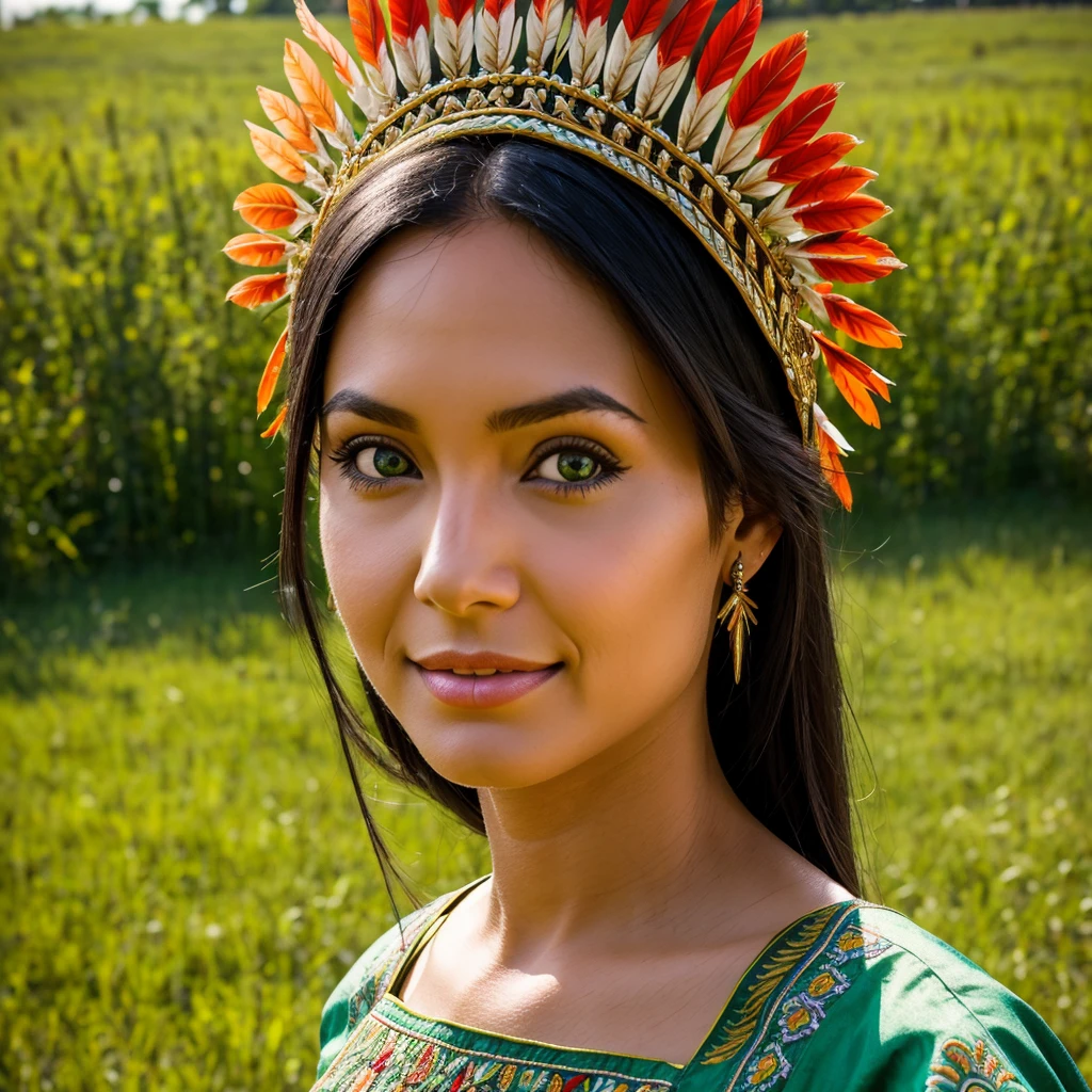 A photo of the face of a Native American woman, with green eyes, black hair, and a highly detailed Cherokee headdress adorning her head. She smiles towards the camera. She wears traditional and abbreviated indigenous clothing, showcasing her slender body. She is walking through a grassy plain with flowers. The photo captures the natural beauty and cultural richness of the Native American woman. The cinematic lighting highlights the intricate details of her headdress and brings out the depth of her green eyes, creating a captivating effect. The Unreal Engine ensures a photorealistic quality, making the image feel like a moment frozen in time. Her black hair contrasts beautifully with the vibrant colors of the headdress, adding to her striking appearance. Her traditional clothing reflects her cultural heritage and complements the natural setting of the grassy plain. The woman's smile exudes warmth and positivity, creating a connection with the viewer. Her slender body and traditional attire showcase her cultural identity and resilience. The natural setting of the grassy plain with flowers provides a picturesque backdrop, adding to the authenticity of the scene. The camera chosen for this photo captures the intricate details of her expression and attire. The result is a visually engaging image that celebrates the woman's heritage and individuality, capturing her captivating appearance and cultural significance in a single frame. The combination of her unique features, traditional attire, and the natural surroundings make the photo exude a sense of cultural pride and harmony with nature