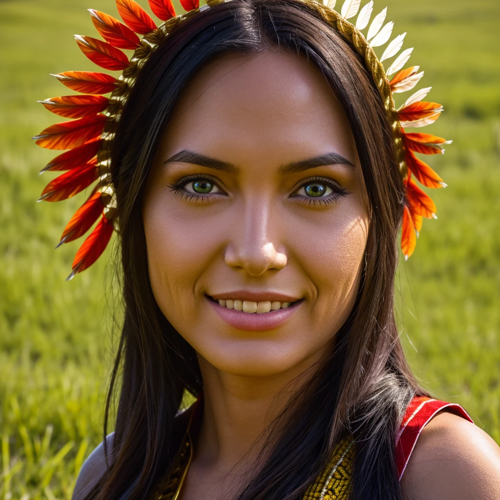 A photo of the face of a Native American woman, with green eyes, black hair, and a highly detailed Cherokee headdress adorning her head. She smiles towards the camera. She wears traditional and abbreviated indigenous clothing, showcasing her slender body. She is walking through a grassy plain with flowers. The photo captures the natural beauty and cultural richness of the Native American woman. The cinematic lighting highlights the intricate details of her headdress and brings out the depth of her green eyes, creating a captivating effect. The Unreal Engine ensures a photorealistic quality, making the image feel like a moment frozen in time. Her black hair contrasts beautifully with the vibrant colors of the headdress, adding to her striking appearance. Her traditional clothing reflects her cultural heritage and complements the natural setting of the grassy plain. The woman's smile exudes warmth and positivity, creating a connection with the viewer. Her slender body and traditional attire showcase her cultural identity and resilience. The natural setting of the grassy plain with flowers provides a picturesque backdrop, adding to the authenticity of the scene. The camera chosen for this photo captures the intricate details of her expression and attire. The result is a visually engaging image that celebrates the woman's heritage and individuality, capturing her captivating appearance and cultural significance in a single frame. The combination of her unique features, traditional attire, and the natural surroundings make the photo exude a sense of cultural pride and harmony with nature
