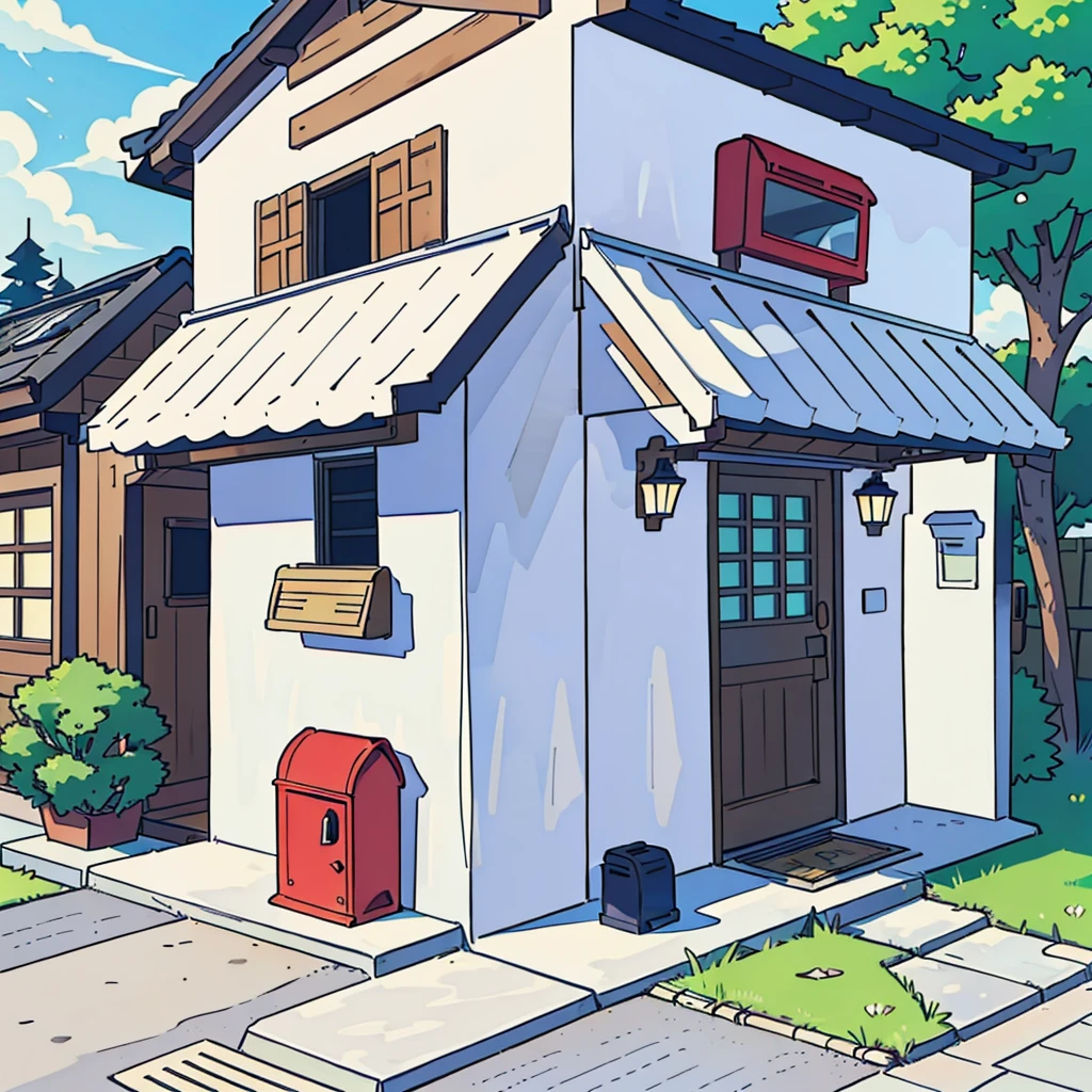 (Highest quality:0.8), (Highest quality:0.8), (((No humans))), Anime illustration, Front view, A house with a small mailbox in front、Background is white