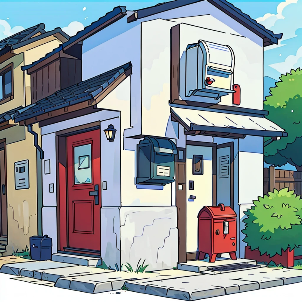 (Highest quality:0.8), (Highest quality:0.8), (((No humans))), Anime illustration, Front view, A house with a small mailbox in front、Background is white