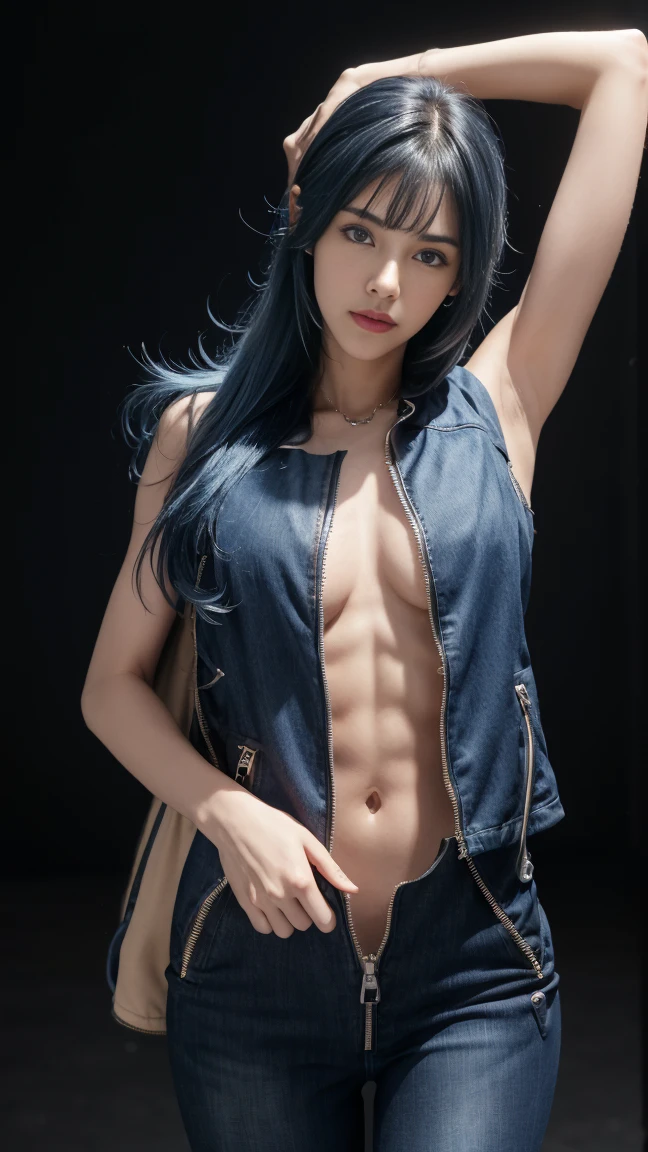 8K, Top Quality, Intricate Details, Ultra Detail, Ultra High Resolution, Masterpiece, close up shot, (full body: 1.1), (()), Slender, Smile, (Makeup: 0.4), ), (Fluffy Eyes: 1.21), (((( )))), 1girl, solo, 1 girl, ((blue hair, (long hair), (bangs), bangs,, , blue eyes,)), close up shot, , ((tall)), (((fit body))), (((slim face))), sharp face, ((, open denim mini vest, mini vest),(Open the bottom zipper:1.5), (, skin tight short pants, ,)), (detailed face), sharp face, small lips, (( )), walking pose, walk pose, wind blow, strong wind, wind blow hair, wind blow cape,
((,)), , ((,)), detailed face, detailed breast, detailed breast, detailed nipple , ((large breast, huge breast)), detail ass, Narrow Waist, Skinny, slim tall , 195 cm tall, Muscular, Navel, Exposed Abdomen, Pointed Chest,, Beautiful girl with accentuated slender abs: 1.4, Six Pack Abs: 1.4, Bust Botox, Big, Perfect Body, detail leg, (( dark background)), black background,