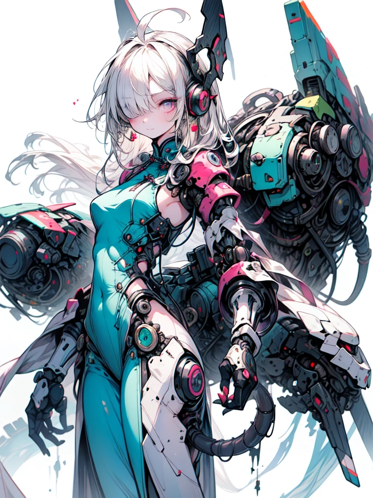 (Flat Color),colorful,(masterpiece:1,2), highest quality, masterpiece, High resolution, original, Very detailedな壁紙, View Viewer, (White Background), Detailed face, (intricate Mecha bodystocking), masterpiece, highest quality, jiangshi, GreenWhite skin, Purple eyes, Expressionless, Mechanical tentacles, Mecha, cyber punk, wearing Mechanical armor suit, sf, green, earphone, (LED lights decoration),Slime,Have,
[neon palette, Neon Light, wire, Transmission Tube, Electrical, Energetic],
Chinese clothing, China dress,
[[skull, Skeleton, External Skeleton]],
Cowboy Shot, Girl Focus,head band,Good, Blake、Very detailed (Dark Elf), (1 girl), alone, Perfect Face, detailed, Ahoge, ((Long Hair:1.2)), (Hair above one eye:1.3), [[Messy Hair]], Shiny blonde white hair, Purple eyes, Variegated eyes, Colorful hair, Shining Eyes, Bright Eyes, Face imprint, (eyelash, eye shadow, pink eye shadow), smile, design art by Mikimoto Haruhiko, by Kawashi, By Yoshitaka Amano,BREAK、 ((Perfect Anatomy)), Nice body, Big Breasts、(Very detailed指), Best Hand, Perfect Face,(Perfect Fingers), Correct Anatomy,