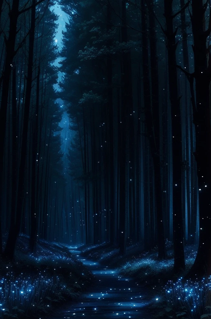 a dark forest with a lot of fireflies flying around, magical forest with fireflies, firefly forest at night, cozy night fireflies, fireflies!!!!, fireflies!!, blue fireflies, fireflies and sparkling wisps, glowing fireflies, magical forest in the background, night forest, in a forest at night, fireflies flying in the forest