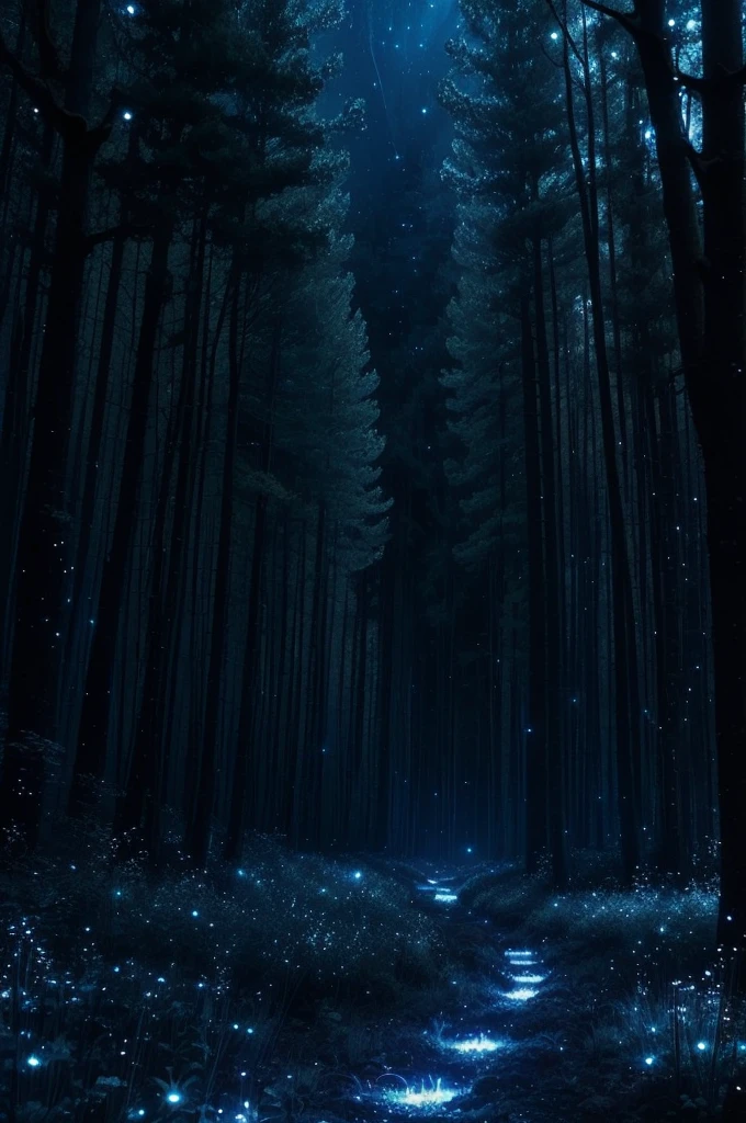 a dark forest with a lot of fireflies flying around, magical forest with fireflies, firefly forest at night, cozy night fireflies, fireflies!!!!, fireflies!!, blue fireflies, fireflies and sparkling wisps, glowing fireflies, magical forest in the background, night forest, in a forest at night, fireflies flying in the forest