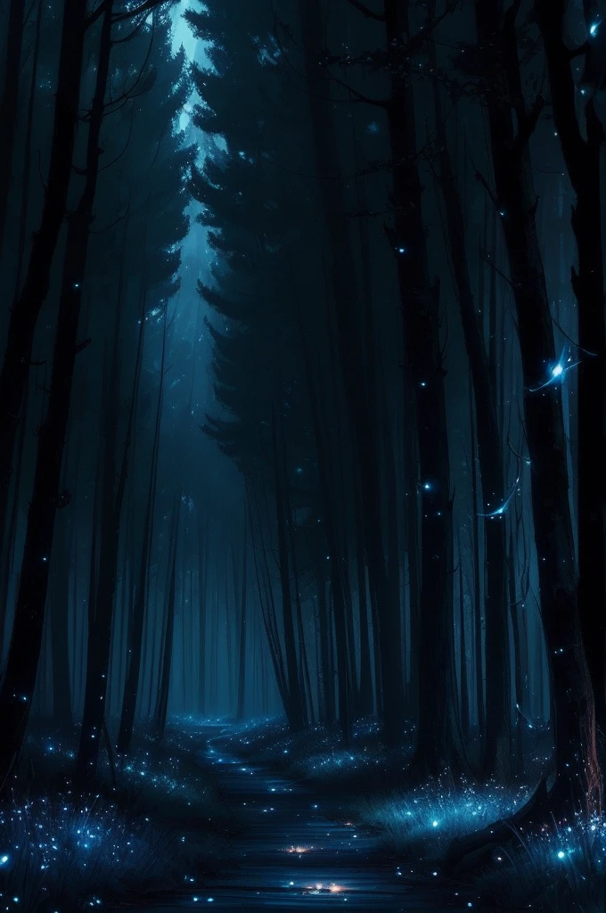 a dark forest with a lot of fireflies flying around, concept art by Yang J, tumblr, conceptual art, magical forest with fireflies, firefly forest at night, cozy night fireflies, fireflies!!!!, fireflies!!, blue fireflies, fireflies and sparkling wisps, glowing fireflies, magical forest in the background, night forest