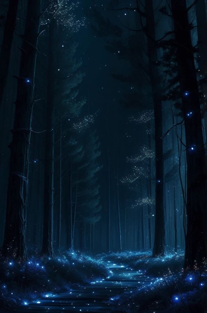 a dark forest with a lot of fireflies flying around, concept art by Yang J, tumblr, conceptual art, magical forest with fireflies, firefly forest at night, cozy night fireflies, fireflies!!!!, fireflies!!, blue fireflies, fireflies and sparkling wisps, glowing fireflies, magical forest in the background, night forest