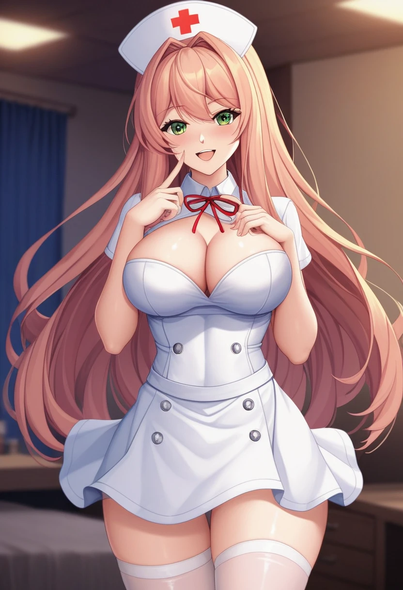 (masterpiece, best quality:1.2)((coral brown hair))((emerald green eyes)),solo,1girl,monika(doki doki literature club),(standing_fox_ears), (high_stockings), ((nurse_outfit)), (neutral pose), (happy face expression)