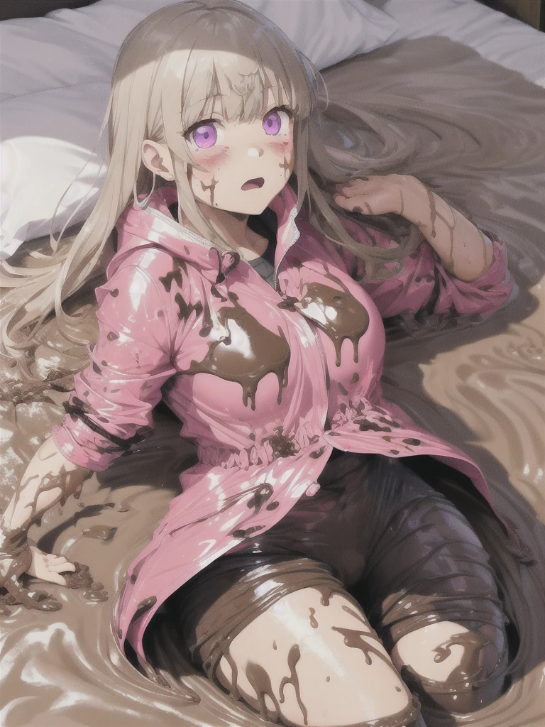 a girl laying in bed, kyoko kirigiri, wearing a pink shiny buttoned raincoat, ((muddy clothes)), covered in mud, mud splatters, embarrassed expression on her face, bright lighting, vivid colors