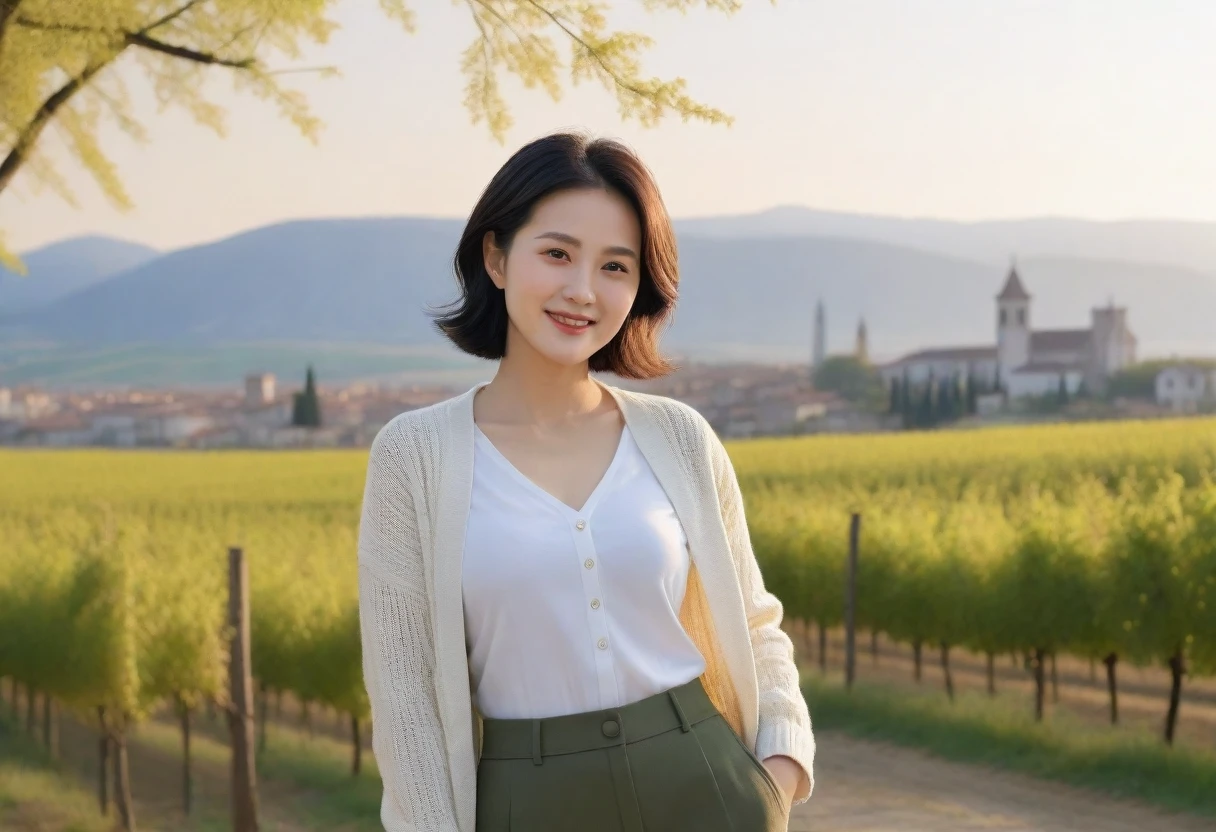 8k best picture quality, Beautiful 36-year-old Korean woman, Chest size 34 inches, Early spring dawn in northern Italy, View of the cathedral next to the vineyards, The back background is realistic and vivid quality., short medium hair, white shirt and cardigan, Wear casual pants, Smile slightly. the background is clear, look up to the side. cottonwood tree-lined hill, Looking at the vineyards from a curved path