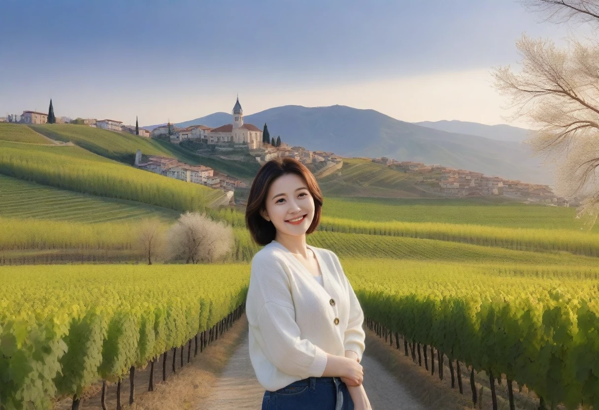 8k best picture quality, Beautiful 36-year-old Korean woman, Chest size 34 inches, Early spring dawn in northern Italy, View of the cathedral next to the vineyards, The back background is realistic and vivid quality., short medium hair, white shirt and cardigan, Wear casual pants, Smile slightly. the background is clear, look up to the side. cottonwood tree-lined hill, Looking at the vineyards from a curved path
