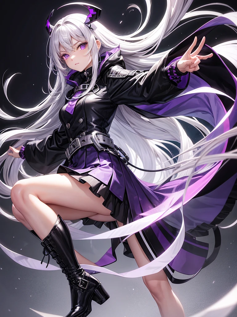 Female, 17 years old, fair skin, long silver hair, purple eyes, white long sleeve shirt, short black circle skirt, black belt with silver buckle, high black opaque stockings with purple pattern, full length, slim, silver bracelet with  amethysts on the leg, white and purple gloves, dark purple long jacket with a white fur hood and black hem, black low-heeled ankle boots with laces
