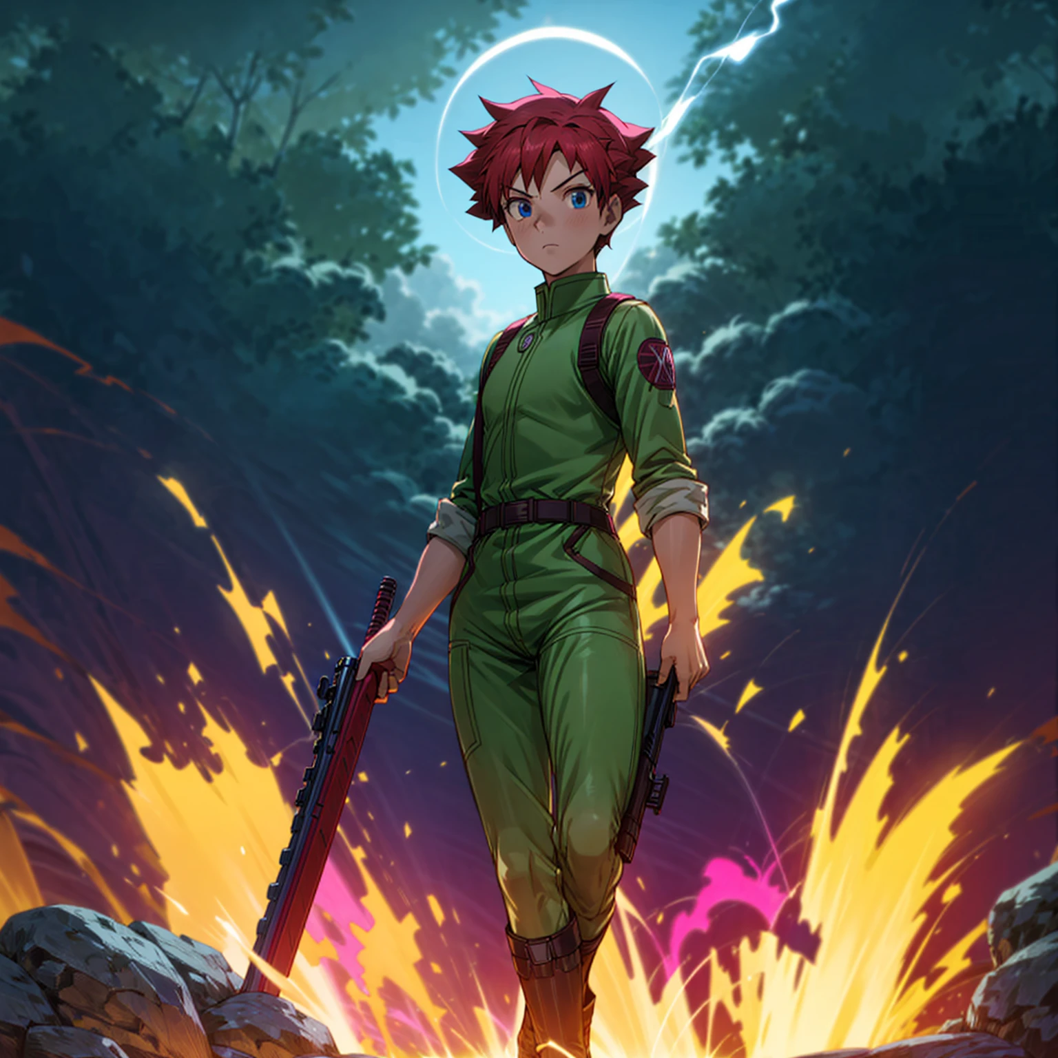 1boy, muscle, Full body version, 1character, blue eyes, short haircut, magenta color hair, Farmer style outfit, Boots, Grassroots, full background in field, motion blur, lighting, (Hunter x Hunter style art), big shotgun in hand, big weapon in hand, robot Shield in hand, smoke effect, fire effect, lighting on gun, plasma effect,