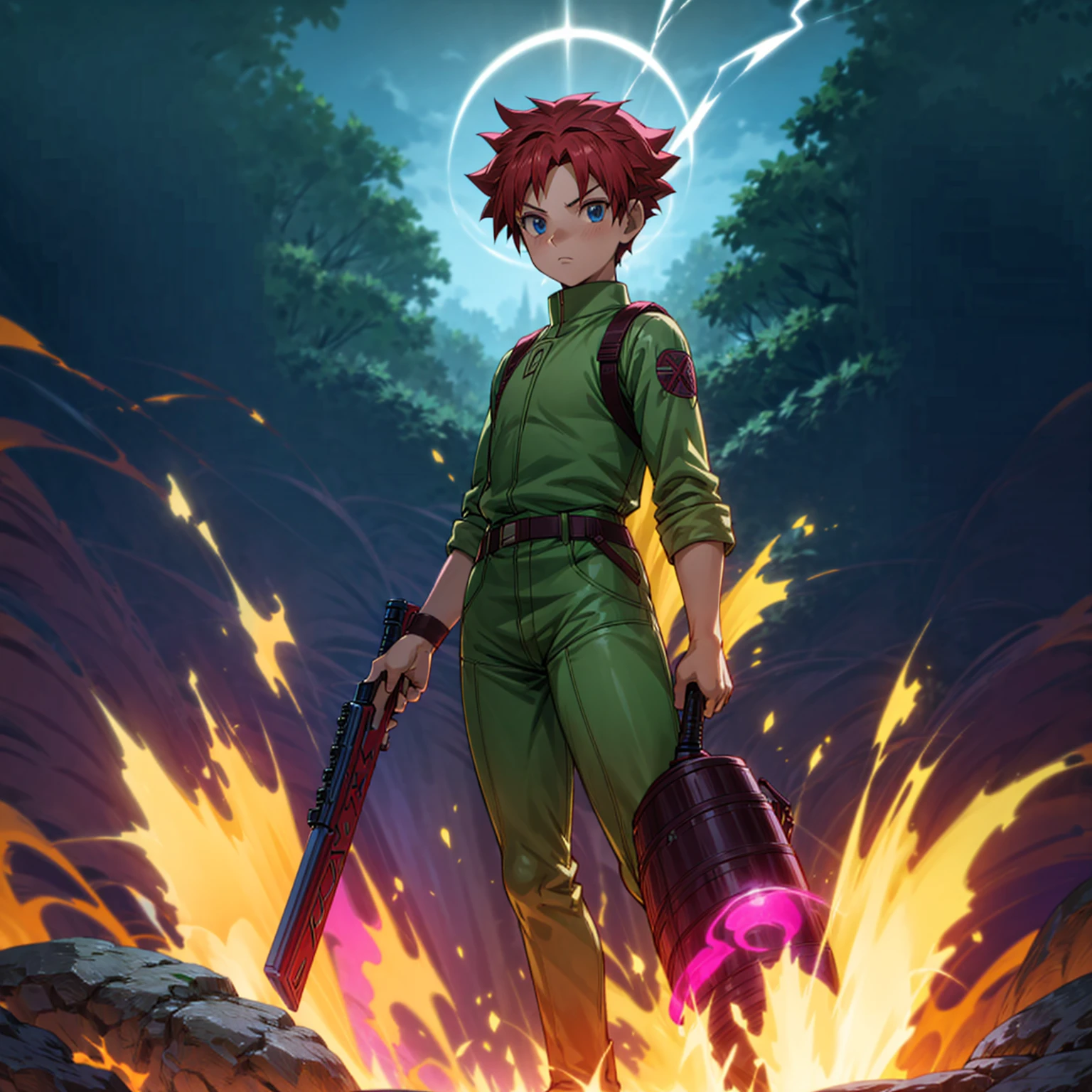 1boy, muscle, Full body version, 1character, blue eyes, short haircut, magenta color hair, Farmer style outfit, Boots, Grassroots, full background in field, motion blur, lighting, (Hunter x Hunter style art), big shotgun in hand, big weapon in hand, robot Shield in hand, smoke effect, fire effect, lighting on gun, plasma effect,