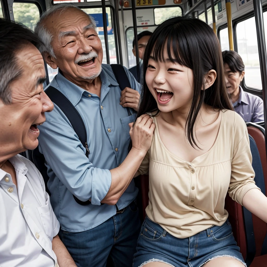 Beautiful japanese girl is standing in a bus, surrounded by several old men, an old man standing behind the girl is seen squeezing the front of the girl's shirt while laughing, the girl is seen screaming because she feels ticklish.