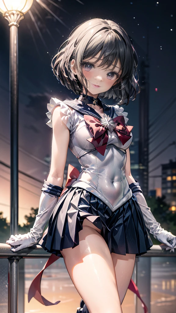 High resolution，Detailed Description，Highest quality，(Sailor Warrior Uniform),Sailor Saturn，Black Hair，universe，leotard，High Leg，Purple Skirt，Knee-high boots，Elbow Handbag，Thick thighs，The skirt is short,スカートの下に白色のleotardが見える，The skirt is blown away by the wind，Defenseless crotch，blush，Embarrassed expression，Open your mouth，