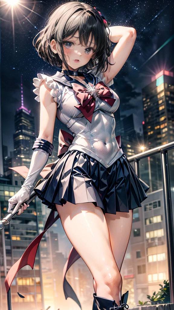 High resolution，Detailed Description，Highest quality，(Sailor Warrior Uniform),Sailor Saturn，Black Hair，universe，leotard，High Leg，Purple Skirt，Knee-high boots，Elbow Handbag，Thick thighs，The skirt is short,スカートの下に白色のleotardが見える，The skirt is blown away by the wind，Defenseless crotch，blush，Embarrassed expression，Open your mouth，