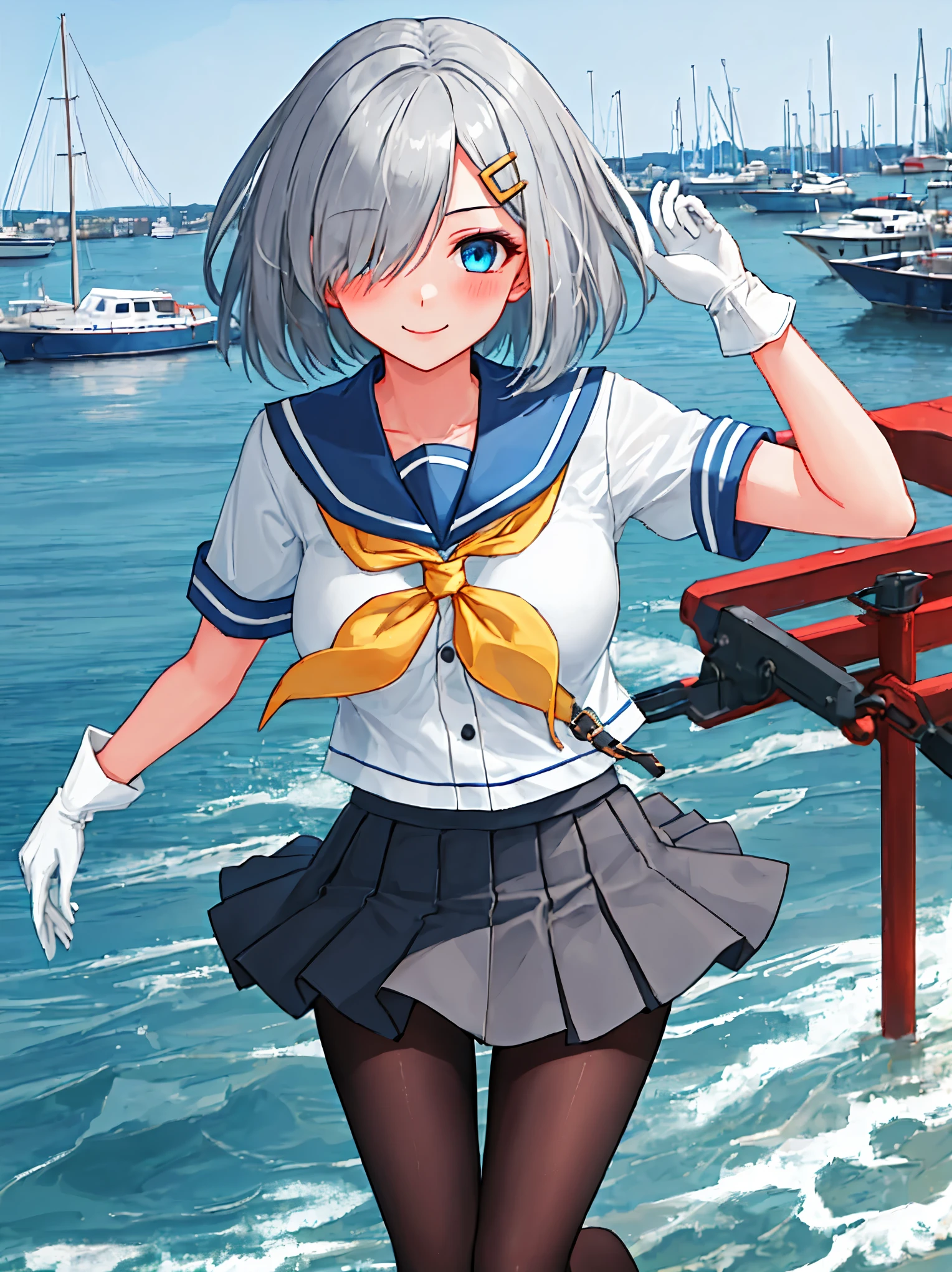 best quality, masterpiece, highres, solo, {hamakaze_kantaicollection:0.90}, 1girl, black_pantyhose, pleated_skirt, serafuku, short_sleeves, simple_background, white_background, yellow_neckerchief, white_gloves, looking_at_viewer, grey_skirt, blush, eyes_visible_through_hair, blue_sailor_collar, dynamic_posing,long_bangs,hair_over_one_eye,harbor_school_landscape_background,outdoor,smile,