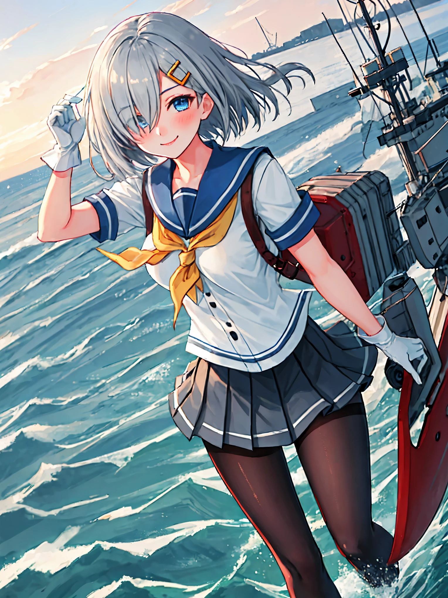 best quality, masterpiece, highres, solo, {hamakaze_kantaicollection:0.90}, 1girl, black_pantyhose, pleated_skirt, serafuku, short_sleeves, simple_background, white_background, yellow_neckerchief, white_gloves, looking_at_viewer, grey_skirt, blush, eyes_visible_through_hair, blue_sailor_collar, dynamic_posing,long_bangs,hair_over_one_eye,harbor_school_landscape_background,outdoor,smile,