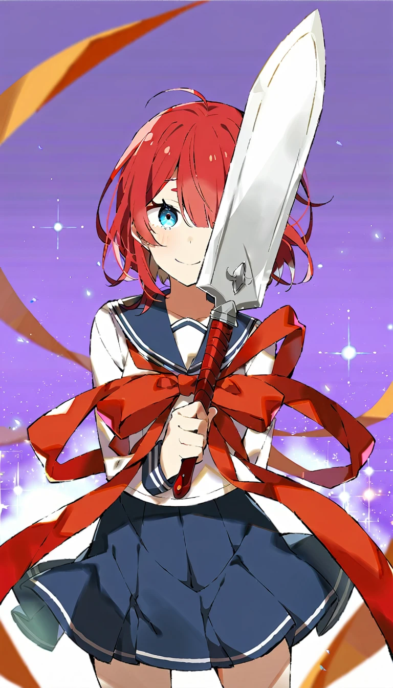 1girl, ciloranko:1.1, taya oco, misaki kurehito official art, \re:zero kara hajimeru isekai seikatsu: lost in memories\, official art, absurdres, best quality, solo, standing, blue eyes, red hair, standing, simple design, , navy blue pleated skirt, simple white serafuku, navy blue sailor collar, medim hair, red bob cut, facing viewer, beautiful face, (simple, simple background, purple background, background, medium shot, ribbon on collar, white ceiling, blue cuffed sleeves, white floor:1.), very tall, holding knife:2