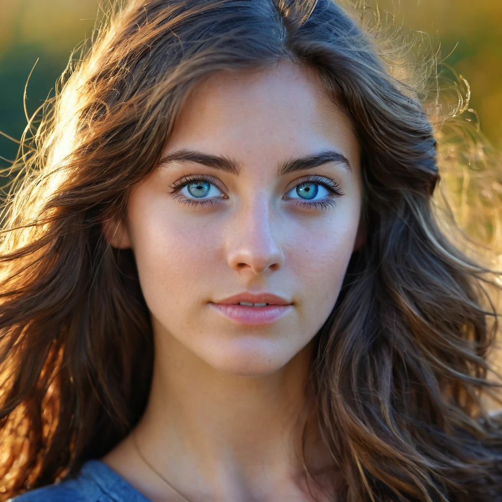 ultra réaliste, portrait, 20 ans, femme brune, belle, yeux bleu, cheveux longs, ondulés, naturelle, boucle d'oreilles, regarde le spectateur, grand angle, fond flou, paysage, realisme, grain de peaux naturel, lumière naturelle