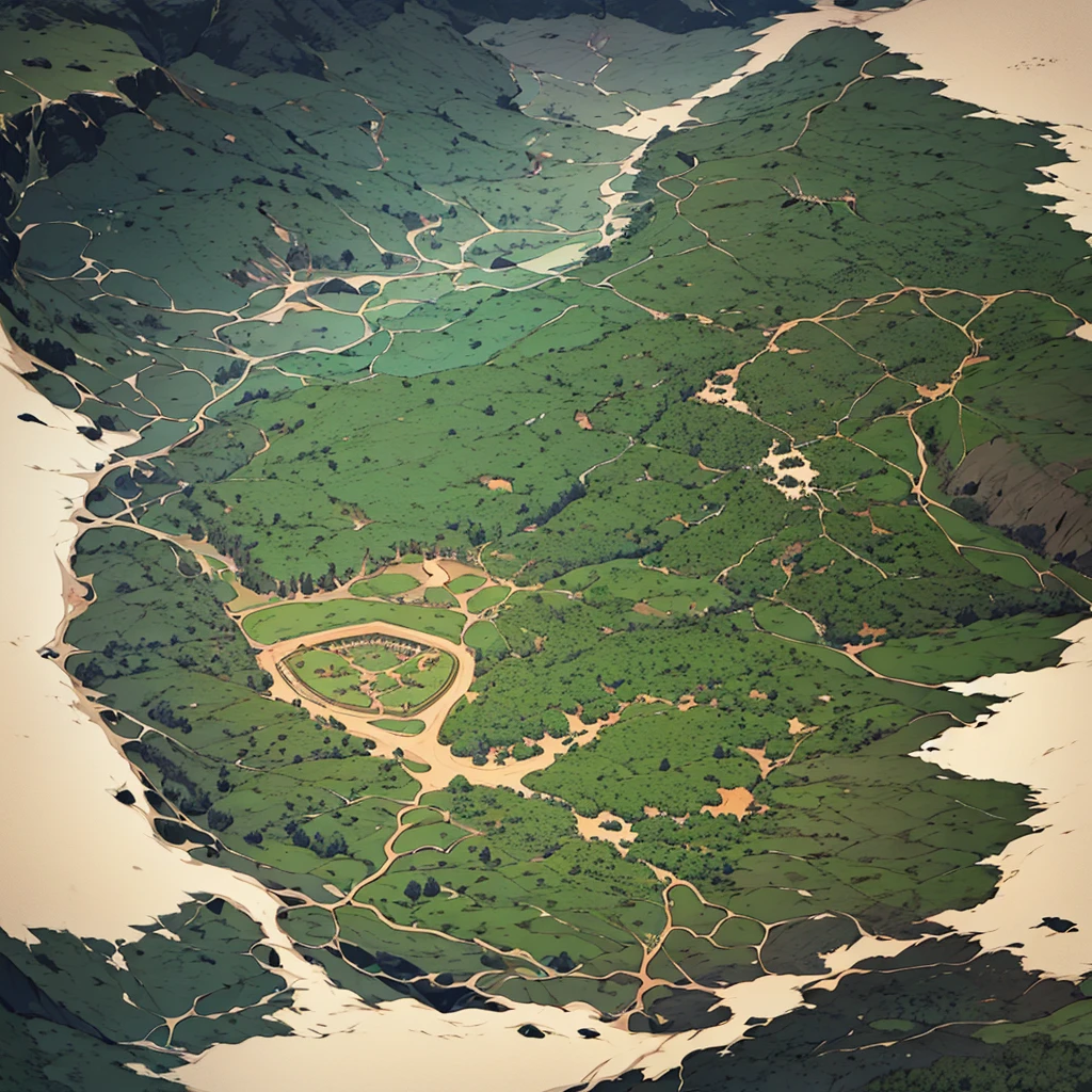 Geographic map of the dark impenetrable forest where monsters live and many wild places, only the brave men who drew the map enter there.The herbalist collects herbs there. The forest itself is shaped like a medium-sized country and does not have straight lines along the contour. It is known that several rivers flow through the forest area., there is a waterfall. The lake, which is also located in the forest, is filled with light., in its center stands a statue of the goddess patroness of magic. The map itself is very ancient and looks like it was drawn by hand., traces of inscriptions are visible on it, but they have faded with time
