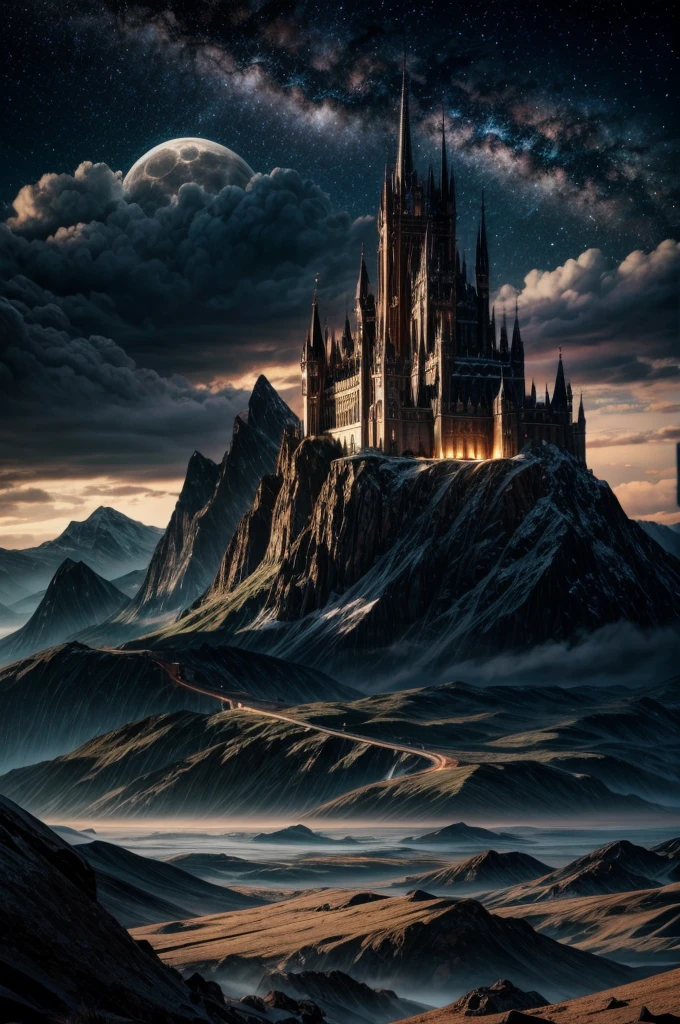 a mystical landscape with a big moon in the sky, stars, and a spiritual dimension with fluctuating golden energies, ultra-detailed, cinematic lighting, dramatic atmosphere, award-winning digital art, intricate details, hyper-realistic, photorealistic, 8k, highly detailed