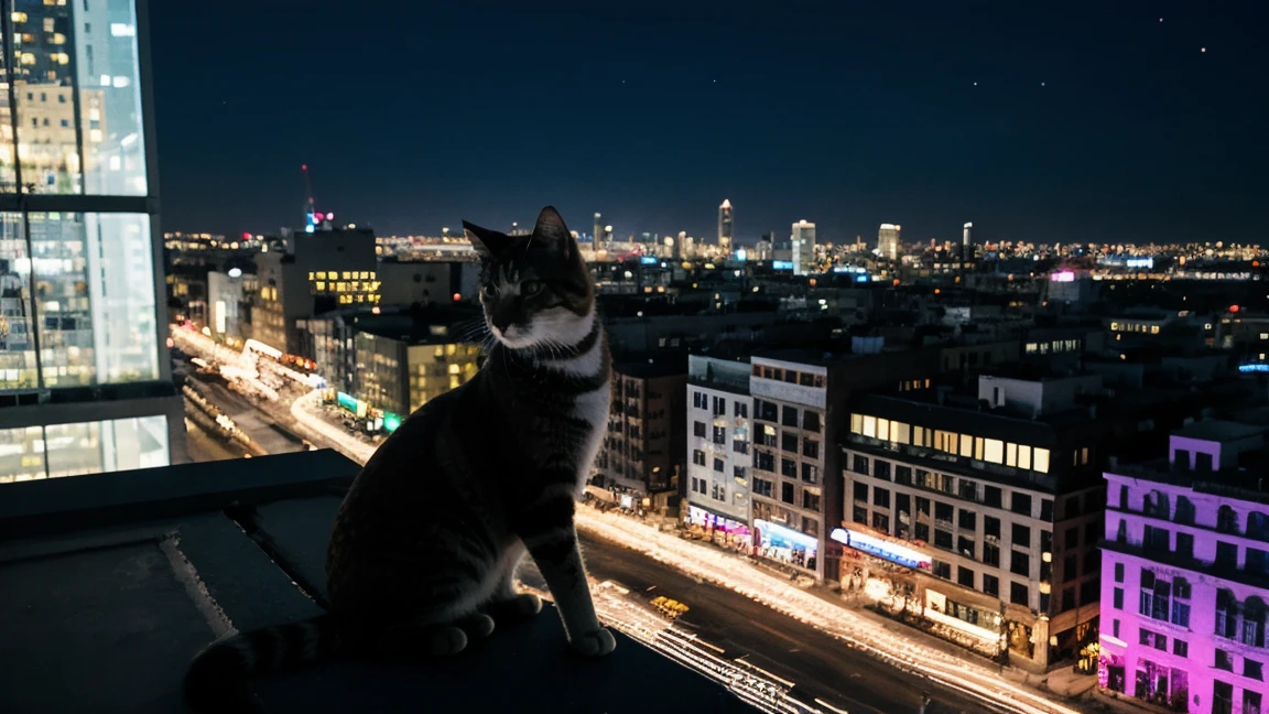 landscape, no one, city, on the roof of a tall building, a cat stands on the parapet looking down, night, neon lights, illustration, cinematic lighting, close-up, from above, UHD, best quality, 4K