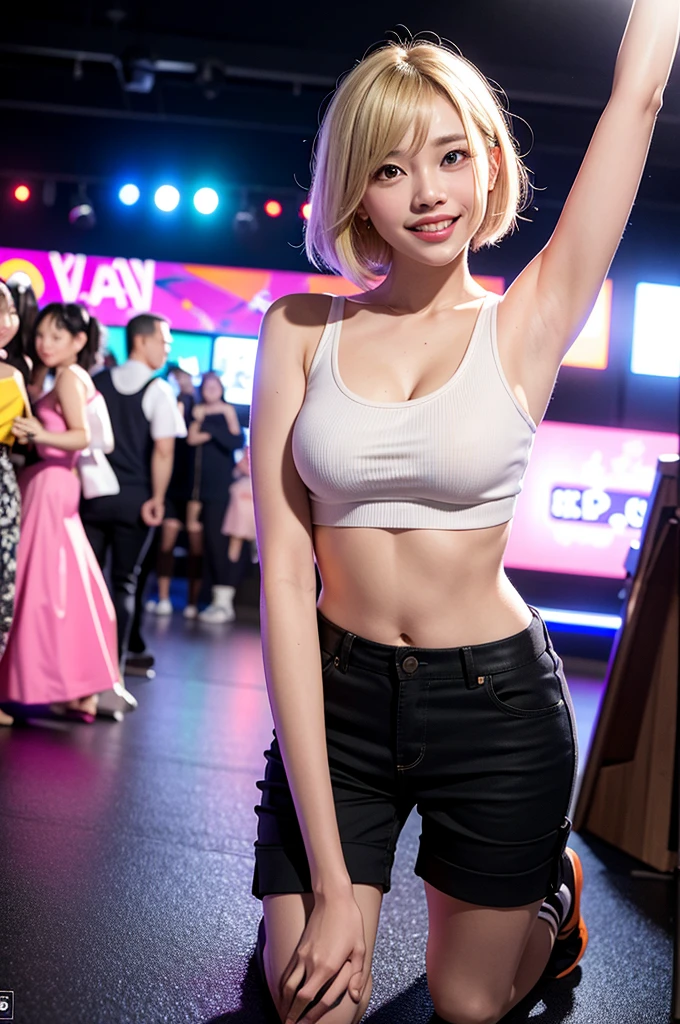 Highest quality,master piece,incredibly absurdres,high resolution,lens flare,a girl, one girl,solo focus,alone,full body,perfect anatomy,8k,a girl, one girl,solo focus,alone,master piece,by famous artist,a girl, one girl,solo focus,alone,4K,8k,raw photo,full body,standing,bloom,Japanese women,Gal,Shibuya-kei、Fair skin,h cup bust,Beautiful woman,smile,teeth,short blonde hair,one girl,Tank top,,cargo pants,The background is the floor of a nightclub.,Woman dancing on the floor、Arms Up Lighting、one girl
