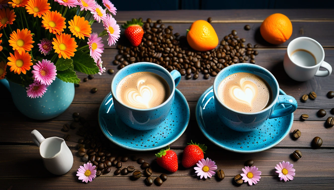 Create an image featuring two rustic blue speckled mugs on saucers, filled with a coffee cup, set on a dark wooden table. Surround the mugs with many vibrant orange and pink daisy-like flowers, some petals scattered. Include fresh strawberries and scattered coffee beans in the composition. The background should have a moody ambiance with teal and blue hues, accentuated by soft lighting that casts a cozy glow over the scene.