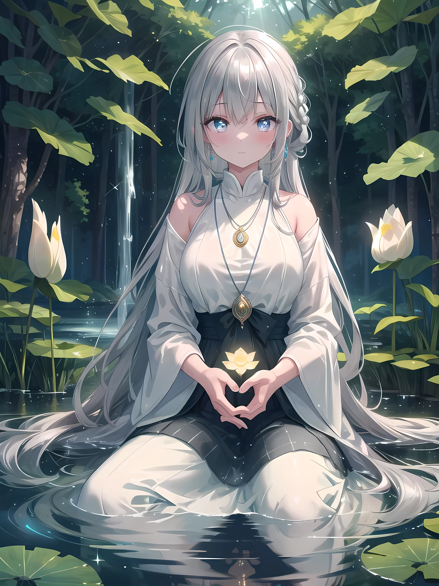 ((8k, best quality, master piece: 1.3)),super high resolution,(1 girl, solo), (colorshift eyes, hyperdetailed, expressive sparkling, glitter, glowing eyes), ultra detailed eyes, ultra-detailed face, random hair, ((silver gray color)), A silver-haired woman is seen meditating by a magical lake, wearing a light linen tunic and trousers, with a calm lake and lush greenery in the background. She sits in the lotus position, a silver necklace sparkling around her neck. Magical light surrounds her, reflecting off the surface of the lake to create a beautiful scene. A braided hairdo hangs over her shoulders, and natural light illuminates her lustrous, translucent skin. Her eyes are a deep green, and her magical powers reveal the depths of her quiet meditation. Her meditating figure is calm, and she is depicted as one with the natural background, creating a soothing atmosphere, A mystical scene shrouded in soft, glowing mist. The light filters through the mist, creating ethereal beams and diffused highlights. The environment feels otherworldly and serene, with the mist adding an element of mystery and enchantment.