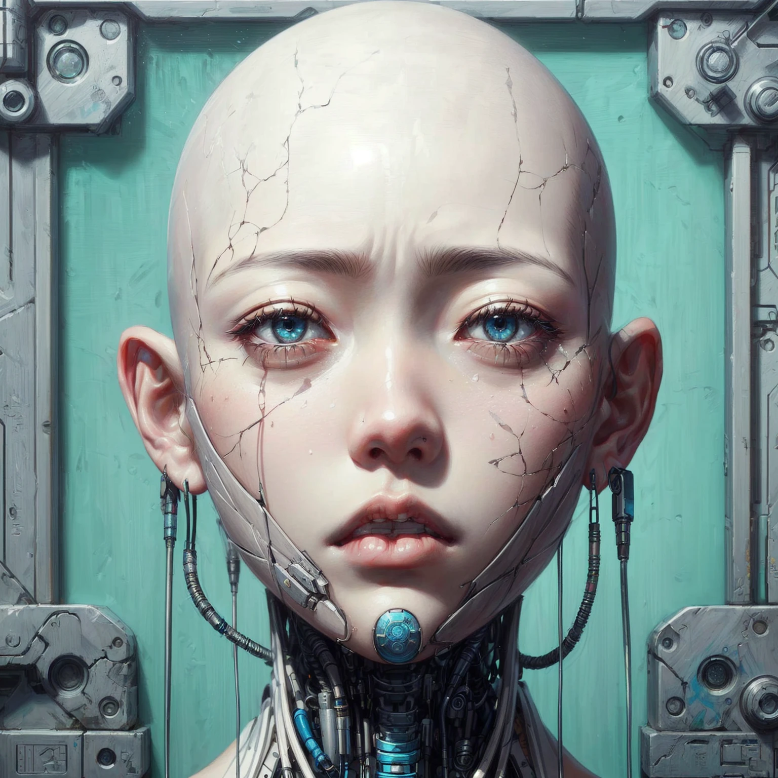 painting of an asian woman with a bald head and wires, (Sad expression, tears, symmetrical), greg beeple, intricate transhuman, detailed portrait of a cyborg, yanjun chengt, portrait of an android, beeple and james jean, portrait of a cyborg, beeple and jeremiah ketner, portrait of a robot, realism | beeple, beeple. hyperrealism