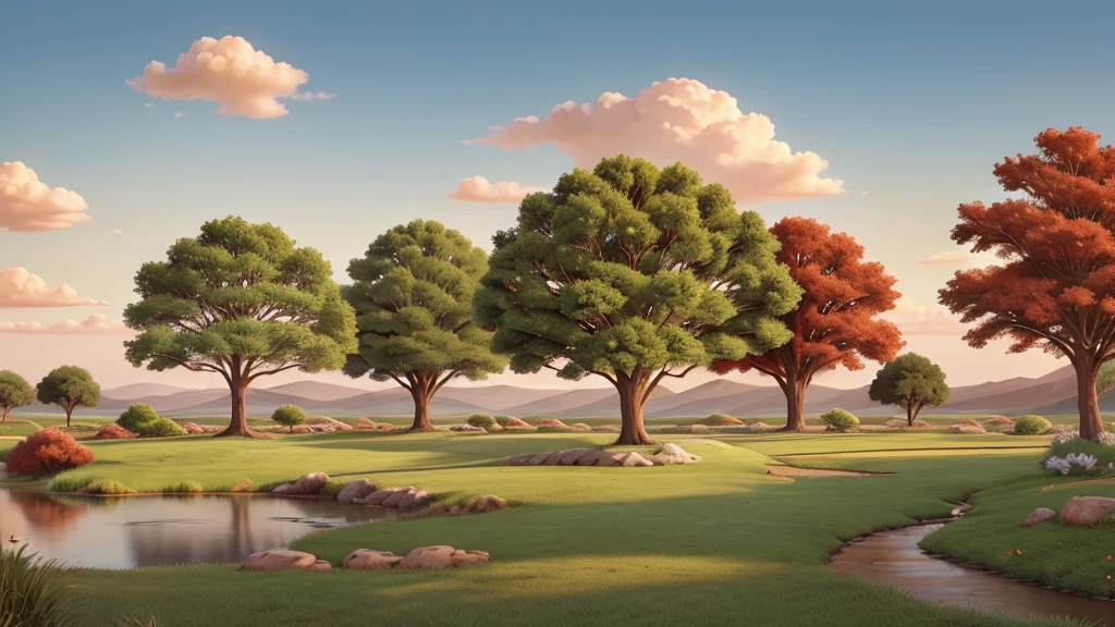 a landscape shaped in style, could be at sunrise or sunset. The sky is mainly warm colors like red and orange, with a large white sun located near the center. The tree stands alone, has broad foliage, located on the right side of the picture, could be an acacia tree or a type of grassland plant. Under the tree, There are other layers of soil and small plants, Gradually far away comes a stream of water that reflects the color of the sky. A flock of birds is flying, forming a scattered pattern in the sky above the tree. overall, The landscape conveys a moment of serenity and beauty in nature