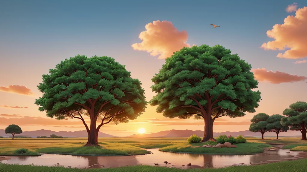 a landscape shaped in style, could be at sunrise or sunset. The sky is mainly warm colors like red and orange, with a large white sun located near the center. The tree stands alone, has broad foliage, located on the right side of the picture, could be an acacia tree or a type of grassland plant. Under the tree, There are other layers of soil and small plants, Gradually far away comes a stream of water that reflects the color of the sky. A flock of birds is flying, forming a scattered pattern in the sky above the tree. overall, The landscape conveys a moment of serenity and beauty in nature