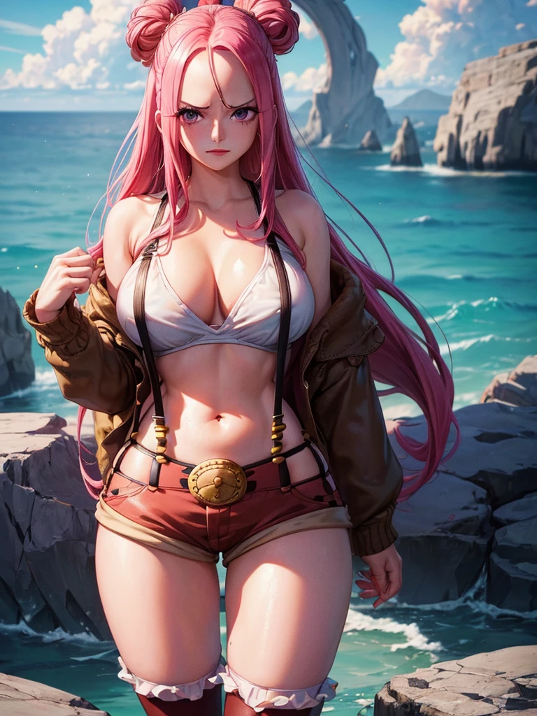 rolling eyes,NUDE,blush,big tips,cross-eyed,busty,nsfw,((Highest quality, 8k, masterpiece:1.3)), Detailed eyes, (View from the front), Looking at the camera, ((Everything is Shining、Reflects light:1.2)), (Optimal ratio: Four fingers, One thumb), (Portraiture), (((Jewelry Bonney from One Piece))), Jewelry Bonney V2, One girl, alone, cute asian face, Long Hair, Pink Hair, Have, ((Slim girl, Large Breasts, Ultra-detailed lips)), Red lips, (Knee socks, Shorts, suspenders, boots, Purple eyes), belly button, abdomen, Crop top, belt, suspender Shorts, Complex and detailed background, Barren Land, rock, Ocean, natural environment, Fetal,