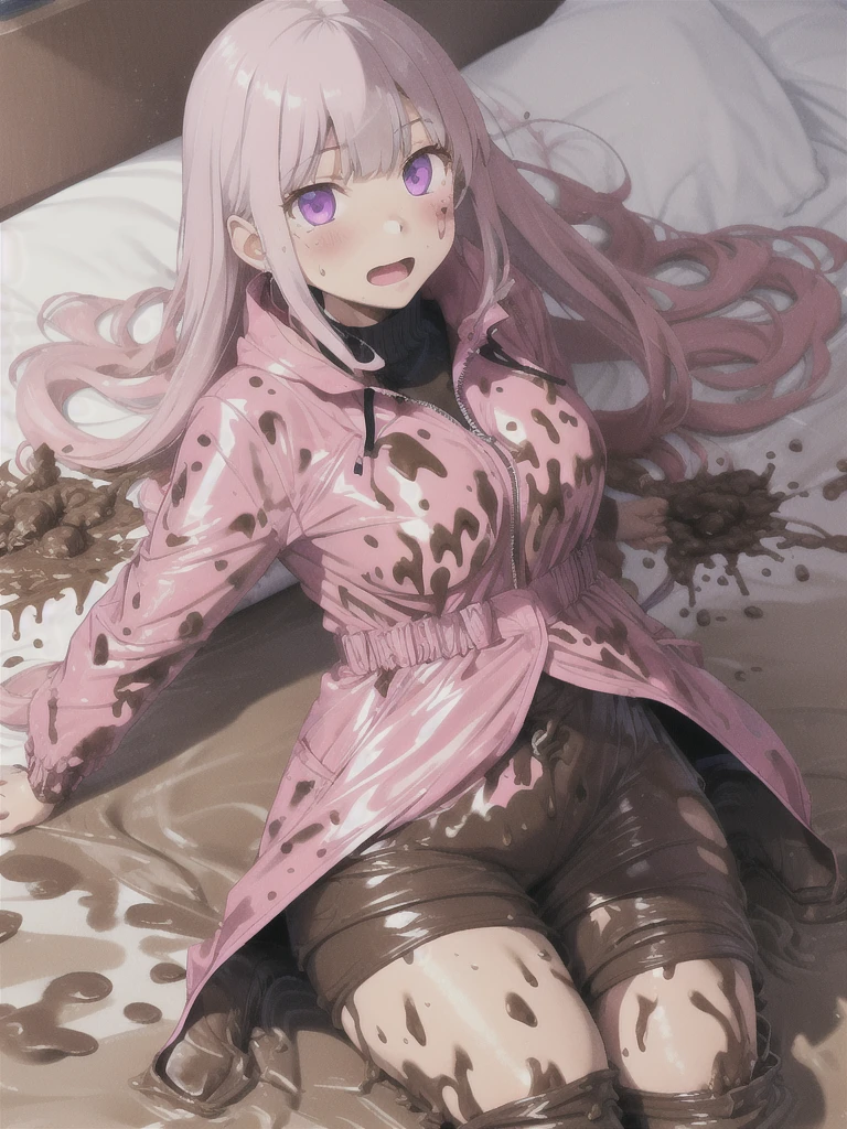 a girl laying in bed, kyoko kirigiri, wearing a long pink shiny buttoned raincoat, ((muddy clothes)), covered in mud, mud splatters, tall pink hunter rainboots, embarrassed expression on her face, bright lighting, vivid colors