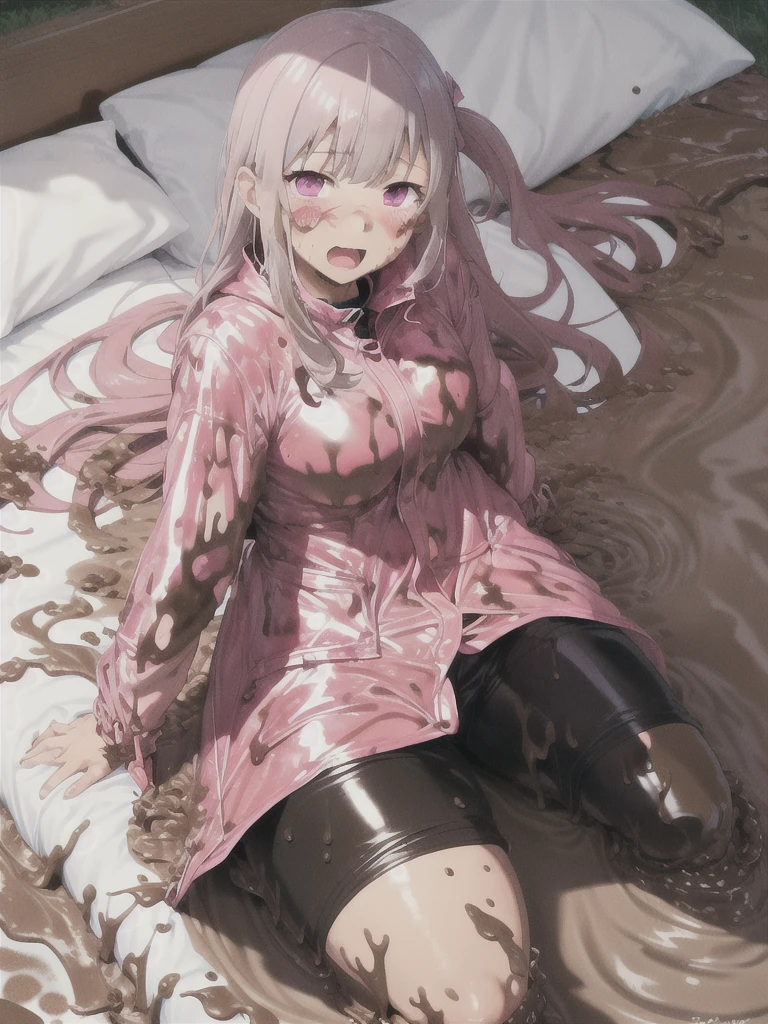 a girl laying in bed, kyoko kirigiri, wearing a long pink shiny buttoned raincoat, ((muddy clothes)), covered in mud, mud splatters, tall pink hunter rainboots, embarrassed expression on her face, bright lighting, vivid colors