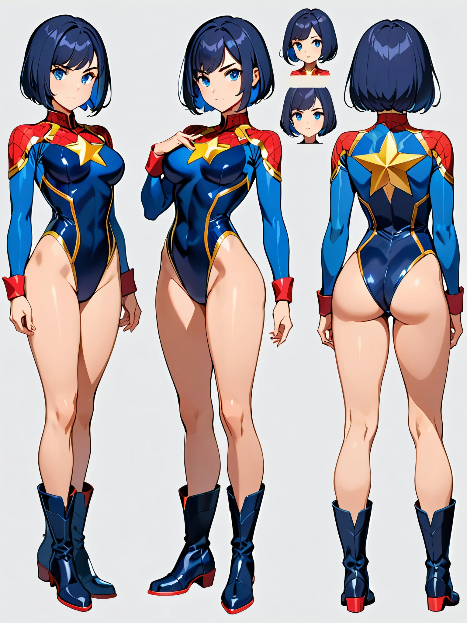 masterpiece, best quality, 1girl, superhero, ((leotard, dark blue leotard)), long sleeves, bare legs, boots, dark blue boots, matching boots, medium breasts, standing, standing straight, dark blue hair, ((short hair, bob hair)), blue eyes, beautiful detailed eyes, beautiful detailed face, cute face, (perfect hands, complete fingers, perfect anatomy, perfect proportions),((star symbol on the chest)), serious, full body with costume. Simple background, Multiple Views, Character Sheet Full-Length.
