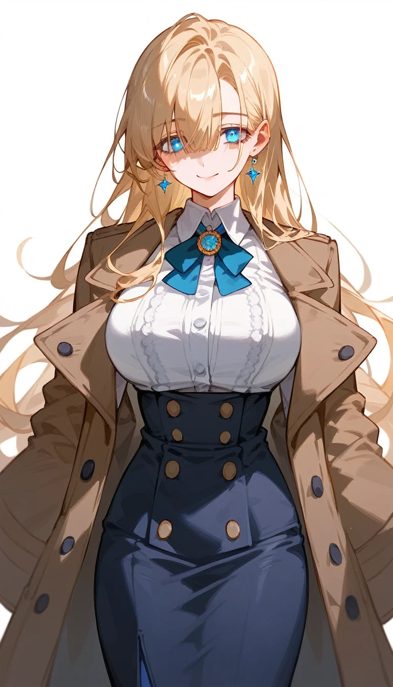 A beautiful woman with long blonde hair, kawaii facial features, partially covered eyes with long bangs, large breasts, blue slanted eyes, (Using a closed brown coat, Elegant coat model covered with buttons attached coat style model (Double breasted trench) soft smile against a white background, her right eye visible and eye color yellow, Elegant wearing a black t-shirt wearing a long, tight black skirt,