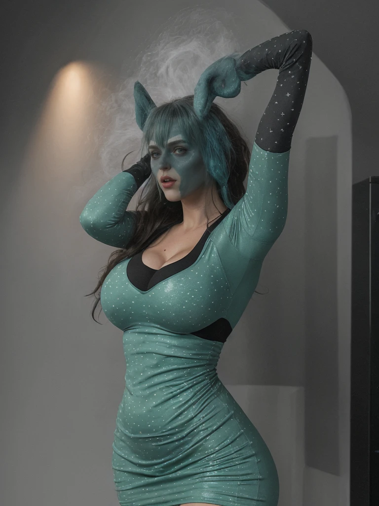 1girl, milf, curvy, tight clothing, cleavage, Mystique color striking color Star Print Dress, Dark Green (X11) silver color Faux Hawk, Misty Pearl eyes, Gym, Lively face, Ear Climber, Sacred, Sensational, Flowing, lifelike-details, rim-lighting