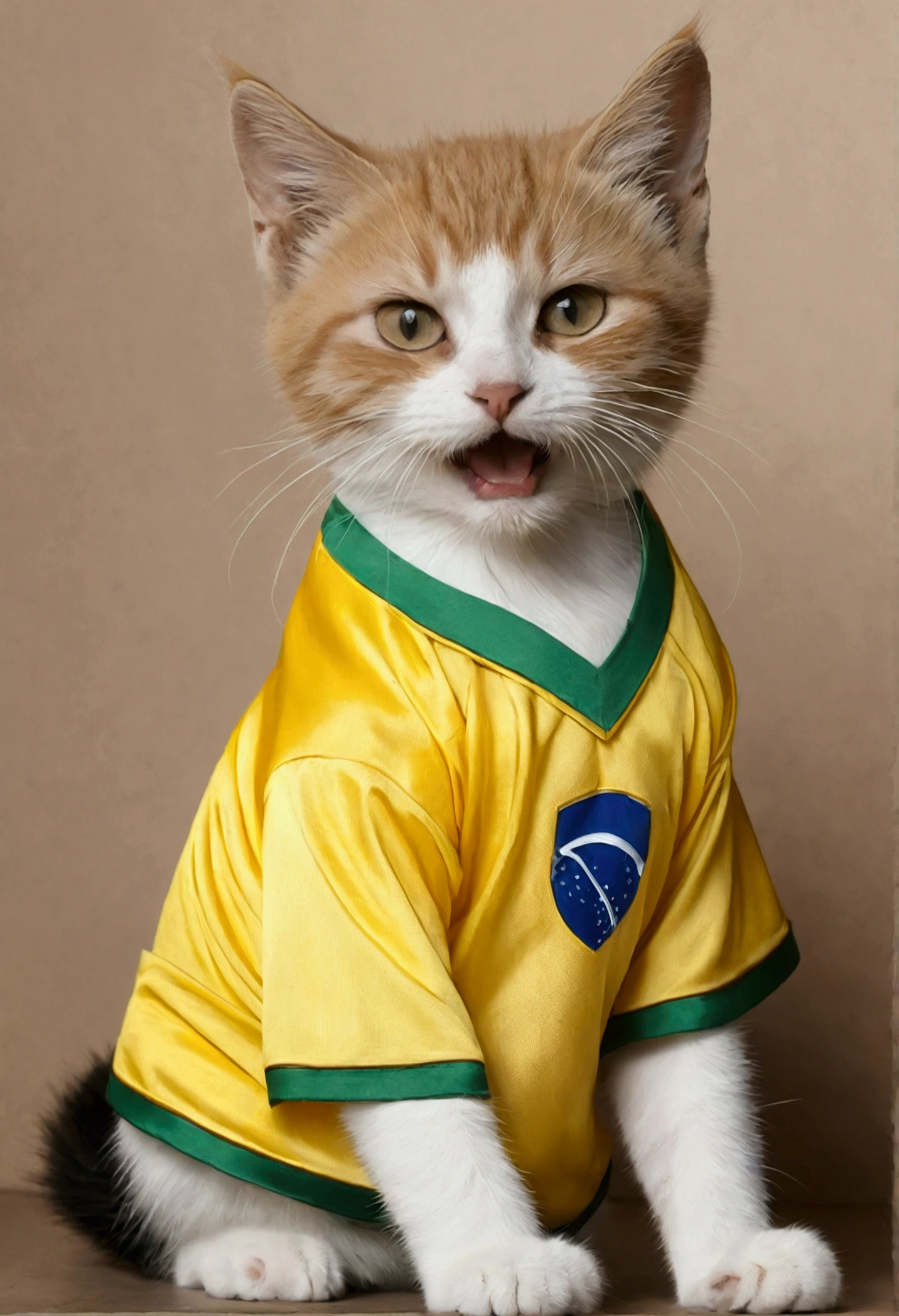 Characters:

Mother cat (angry expression).
Cute kitten wearing a Brazilian soccer jersey.
Setting:

Messy room with toys and clothes scattered around.
Action:

Mother cat pointing at the mess while the kitten looks apologetic.
