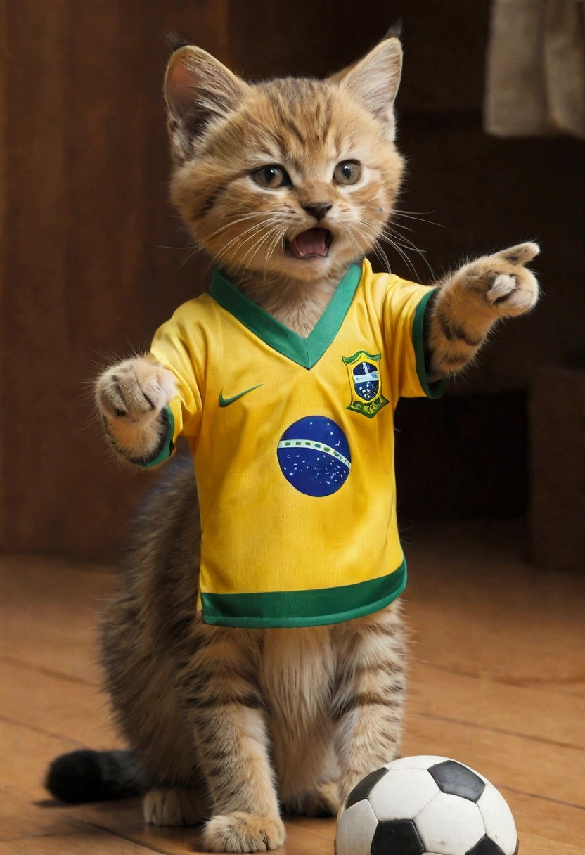 Characters:
Mother cat (angry expression).
Cute kitten wearing a Brazilian soccer jersey.
Setting:
Messy room with toys and clothes scattered around.
Action:
Mother cat pointing at the mess while the kitten looks apologetic.