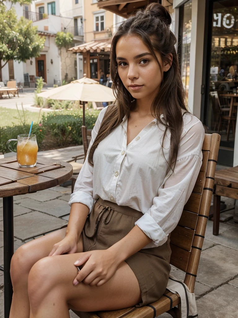 Subject and Attributes:

Main Subject: Woman with long brunette hair styled in twin buns
Additional Attributes: Engrossed in reading or interacting with a tablet, seated at a casual outdoor setting
Skin Tone: Mediterranean or South American complexion
Visual Characteristics:

Camera Angle/Shot Type: Medium shot, capturing her seated position and her immediate surroundings
Lighting: Natural, ambient light typical of a shaded outdoor setting
Art Style/Aesthetic: Photorealistic, focusing on natural expressions and casual style
Color Scheme: Earth tones from the outdoor café setting, with dark hues of the brunette hair and casual clothing
Surrounding Environment: Outdoor café with rustic wooden backdrops and casual furnishings
Descriptors of Quality: High-resolution, sharp detail, balanced composition
Using Quality Tags:

With Quality Tags: ((best quality)), woman with brunette hair styled in twin buns and Mediterranean or South American complexion, engaged with a tablet, seated at an outdoor café, casual attire, photorealistic, detailed, ambient lighting
Prompt Construction:
Combine the elements above into a cohesive prompt:
"((best quality)), woman with long brunette hair styled in twin buns and a Mediterranean or South American complexion, casually dressed, engrossed in interacting with a tablet while seated at an outdoor café. The setting includes a rustic wooden backdrop and casual furnishings, with items like a pastry, a drink, and personal accessories on the table. Medium shot with natural ambient light, capturing her reflective expression and the detailed textures of her outfit and the environment. Photorealistic style, focusing on high-resolution, sharp detail, and balanced composition."