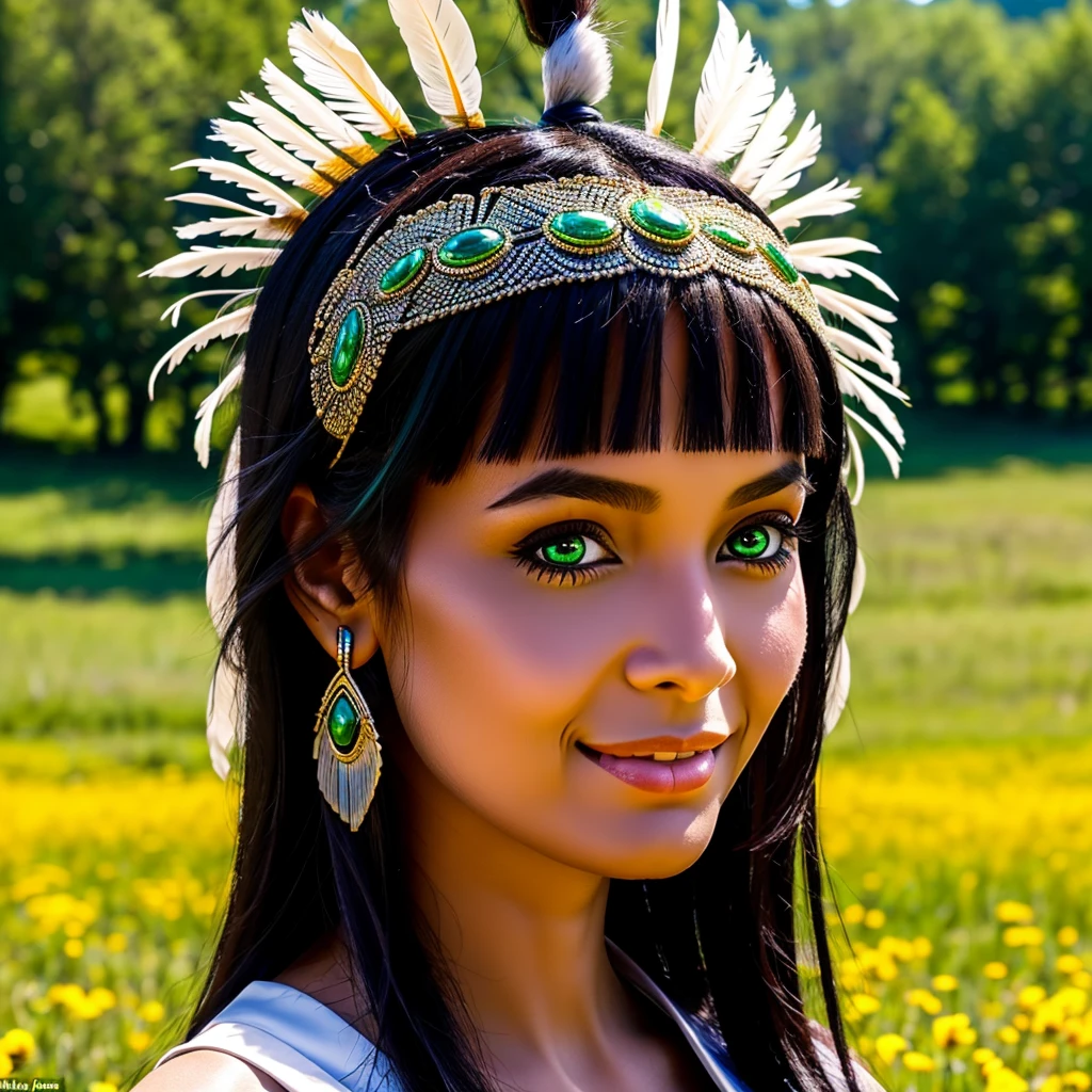 A photo of the face of a Native American woman, with green eyes, black hair, and a highly detailed Cherokee headdress adorning her head. She smiles towards the camera. She wears traditional and abbreviated indigenous clothing, showcasing her slender body. She is walking through a grassy plain with flowers. The photo captures the natural beauty and cultural richness of the Native American woman. The cinematic lighting highlights the intricate details of her headdress and brings out the depth of her green eyes, creating a captivating effect. The Unreal Engine ensures a photorealistic quality, making the image feel like a moment frozen in time. Her black hair contrasts beautifully with the vibrant colors of the headdress, adding to her striking appearance. Her traditional clothing reflects her cultural heritage and complements the natural setting of the grassy plain. The woman's smile exudes warmth and positivity, creating a connection with the viewer. Her slender body and traditional attire showcase her cultural identity and resilience. The natural setting of the grassy plain with flowers provides a picturesque backdrop, adding to the authenticity of the scene. The camera chosen for this photo captures the intricate details of her expression and attire. The result is a visually engaging image that celebrates the woman's heritage and individuality, capturing her captivating appearance and cultural significance in a single frame. The combination of her unique features, traditional attire, and the natural surroundings make the photo exude a sense of cultural pride and harmony with nature